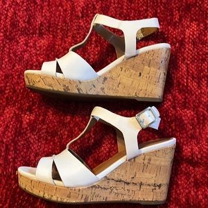 White cork wedge platform sandals.